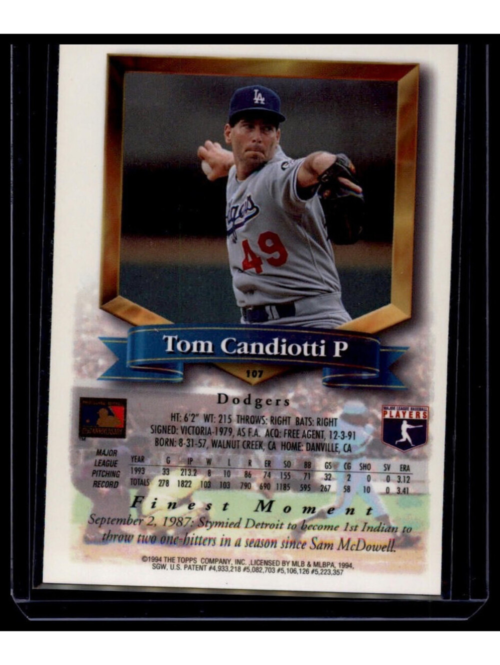 1994 Topps Finest Tom Candiotti #107 Refractor Los Angeles Dodgers - Picture 2 of 2